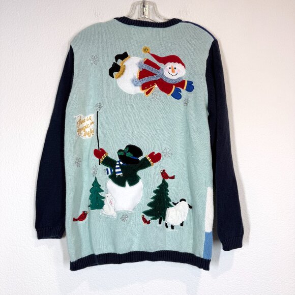 Vintage Quacker Factory Christmas Holiday Sweater Blue Embroidered Patches Large - Picture 2 of 13